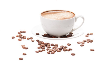 Coffee cup and beans on a white background.