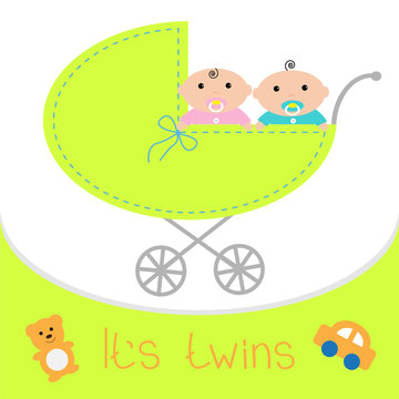 Baby carriage It's twins boy girl. Shower card Flat 