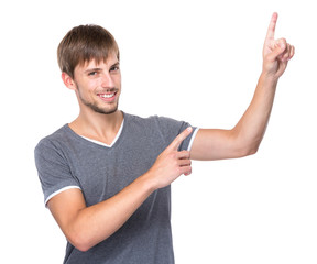 Caucasian man with two finger up