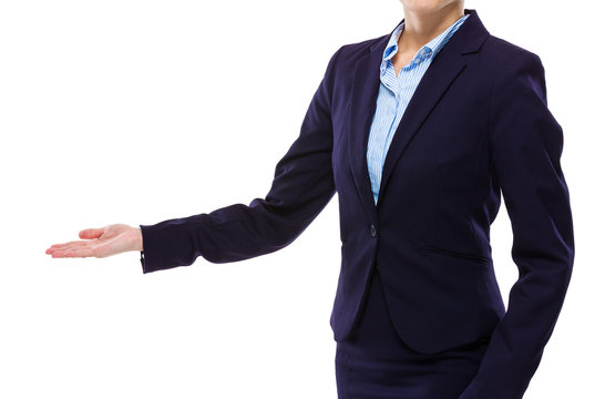 Businesswoman with hand showing blank sign