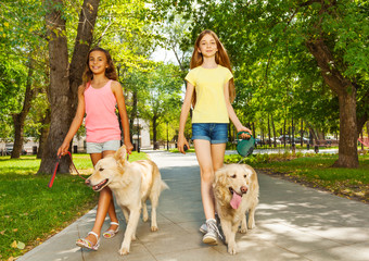 Two teenage girls walking with dogs in park