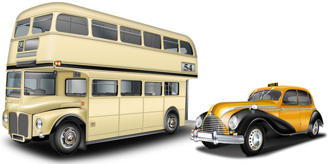 Plakat Oldtimer Doppelstockbus mit Taxi freigestellt
