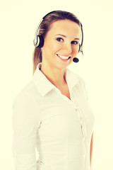 Young business woman in headphones and microphone.