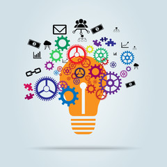 Light bulb shape with gear wheels and business icons