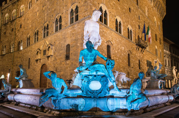 Fountain Neptune in Piazza della Signoria in Florence at Night