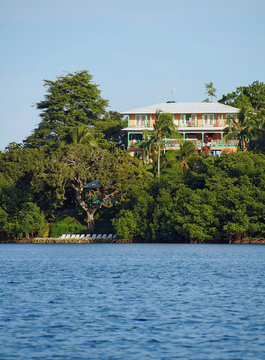 Waterfront Caribbean hotel and tropical vegetation