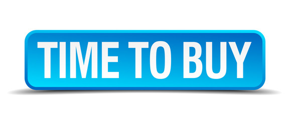 Time to buy blue 3d realistic square isolated button