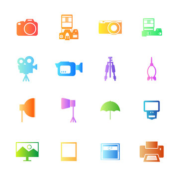 Colorful style Camera and accessory icons vector set.