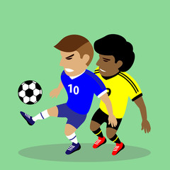 Two soccer players fighting for a ball