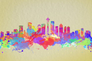 Fototapeta premium Watercolor art print of the skyline of Seattle United States