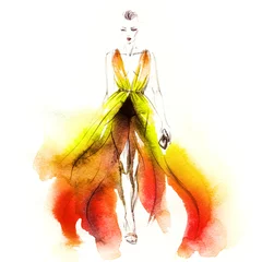 Crédence de cuisine en verre imprimé Visage aquarelle femme en robe