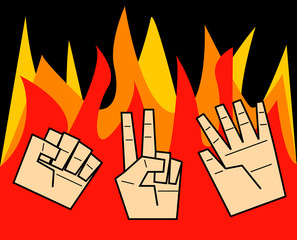 Rock, Paper Scissors battle with fire flames background