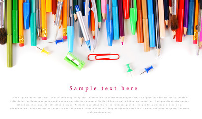 School tools and accessories on white background.