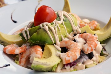 Healthy Green Mixed Salad With Cooked Shrimp And Avocado