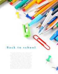 School tools and accessories on white background.