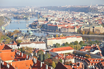 Fototapeta premium Top view of Prague city in Autumn