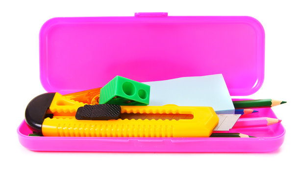 Case and school tools. On a white background.