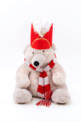 polar bear in a carnival hat and scarf sitting in the studio