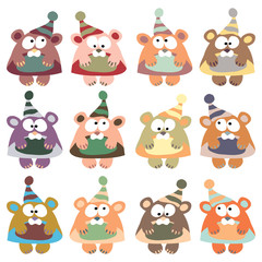 bears in winter hats colored vector on the white background
