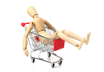 Tired Wood Man in a shopping cart