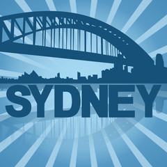 Sydney skyline reflected with blue sunburst illustration