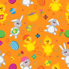 Colored Easter eggs, bunnies, baskets, flowers, chickens, and