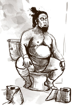 Sumo fighter on the toilet bowl