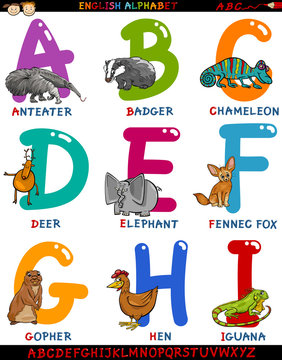 cartoon english alphabet with animals