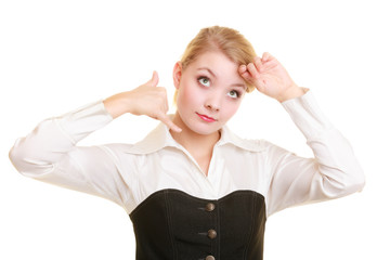 Phone. Surprised businesswoman making call me gesture