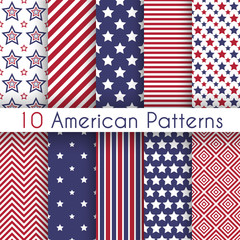 Patriotic red, white and blue geometric seamless patterns - 69645728