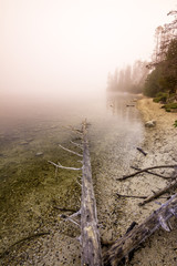 Morning fog rolls in over an Idaho mountain lake