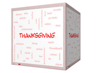 Thanksgiving Word Cloud Concept on a 3D cube Whiteboard