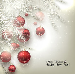 Christmas background with balls. Red Xmas baubles. Vector