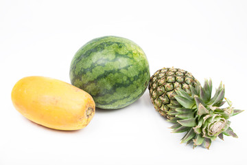 watermelo and pineapple and papaya on white background