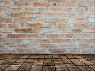 Brick wall on wood floor Room interior modern style, Template for product display. empty space.