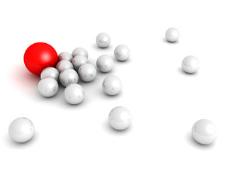 Leadership concept with red sphere and many white ones
