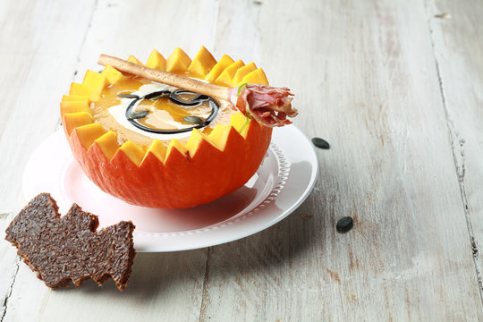 Pumpkin Soup With Bat Toast Crouton