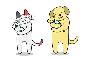 赤ちゃんを抱く犬と猫