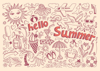 Fototapeta na wymiar set of sketch design element summer theme with lettering Hello S