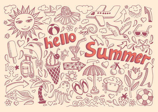 set of sketch design element summer theme with lettering Hello S