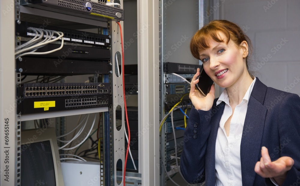 Aufkleber pretty computer technician talking on phone beside open server