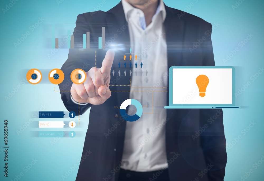 Poster composite image of businessman standing and pointing