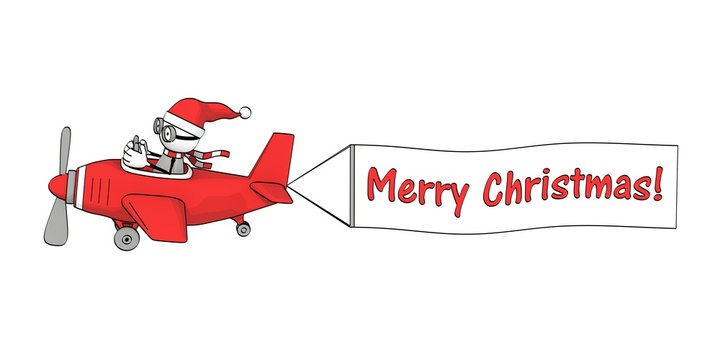 little sketchy man with santa hat  in a red  plane with banner