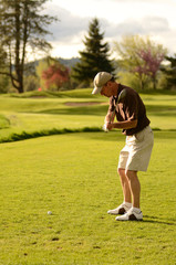 A  golfer competes on a 18 hole golf course