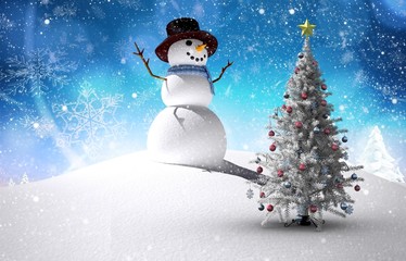 Composite image of christmas tree and snowman