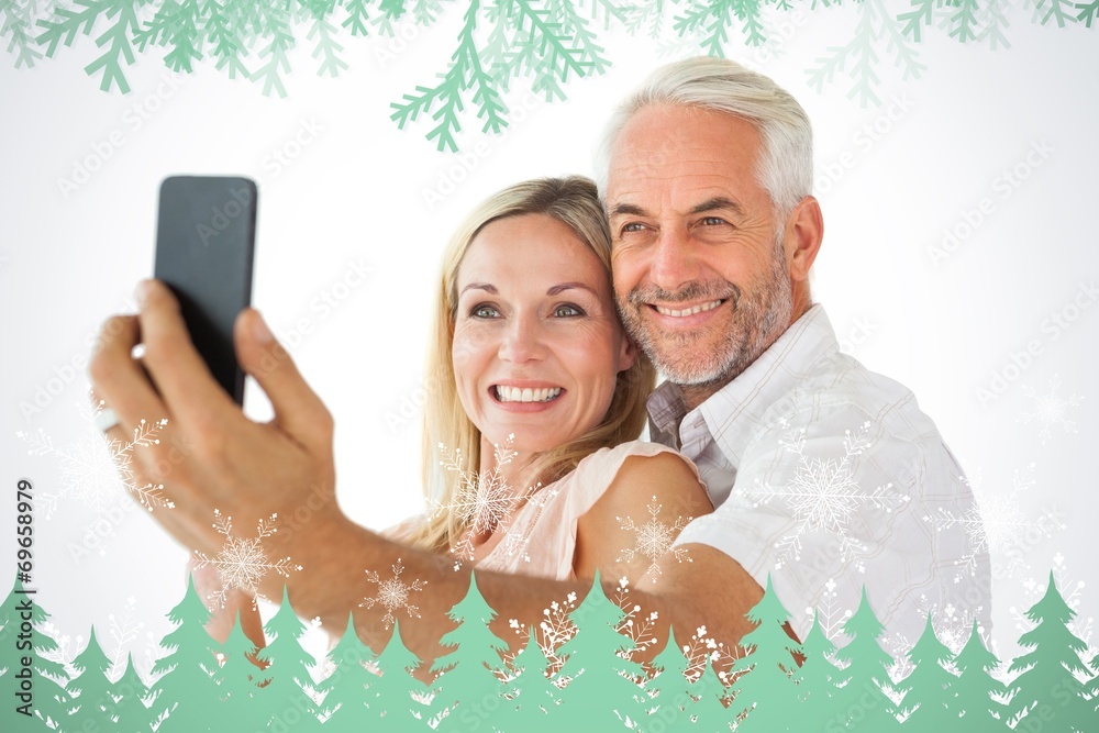 Poster composite image of happy couple posing for a selfie