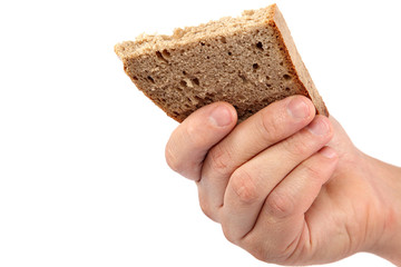 Bread slice in hand on white background.