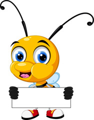 Naklejka premium little bee cartoon holding blank board and holding blank sign