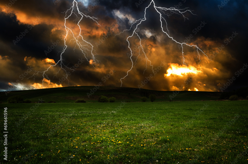 Canvas Prints thunderstorm with lightning in green meadow