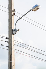 A telephone pole and wires